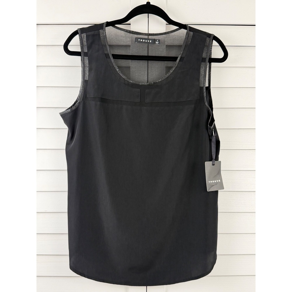 Trouve Tank Top Women M Black‎ NEW Mesh Panel Faux Leather Trim Blouse